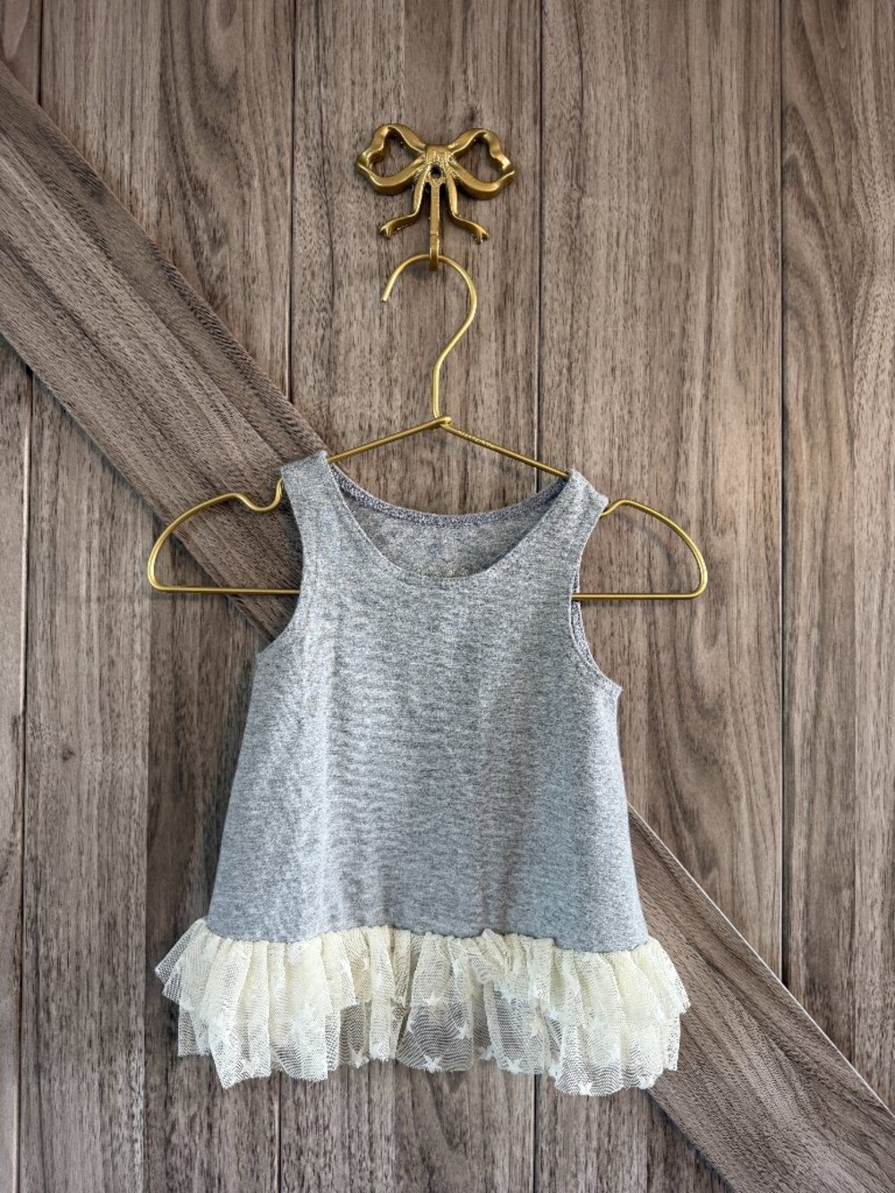 Pippa & Julie Girls Gray Heather Tank Top with Cream Star Tulle Hem